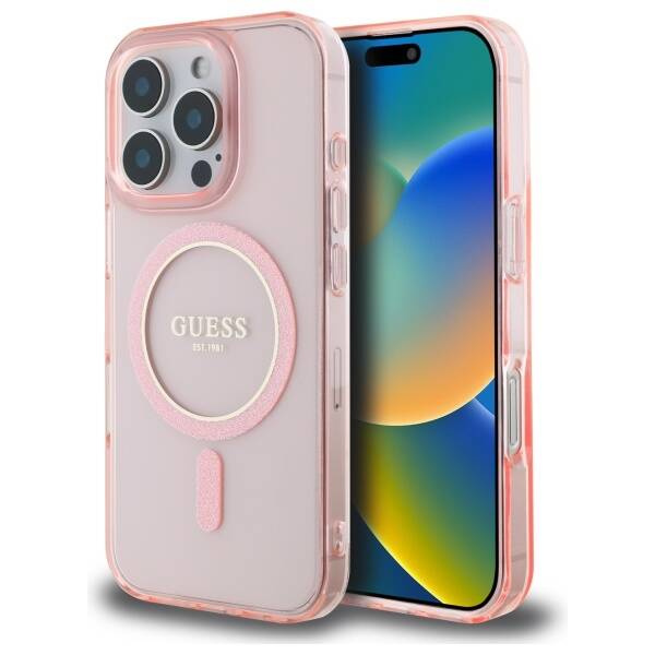 Etui Guess iPhone 16 Pro różowy/pink hardcase IML Glitter Circle MagSafe