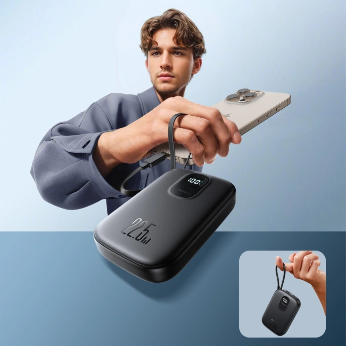 Powerbank Joyroom JR-PBF17 22.5W 10000mAh z wbudowanym kablem USB-C + kabel USB-C 0.25 cm  - czarny