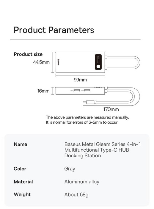 Baseus Metal Gleam Series HUB 4 en 1 Estación de acoplamiento USB tipo C - 3 x USB 3.2 Gen. 1 / RJ45 (WKWG070113)