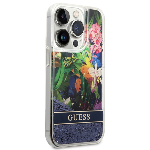 Case GUESS Apple iPhone 14 Pro Flower Liquid Glitter Blue Hardcase