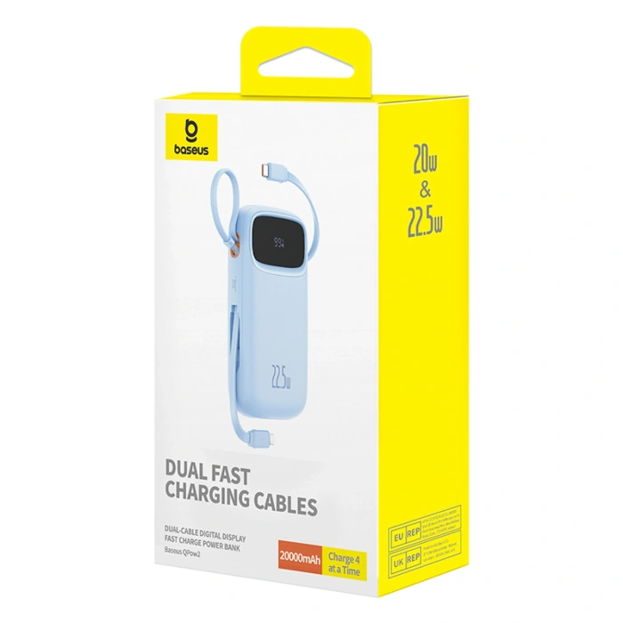 Powerbank Baseus Qpow2 20000mAh 22,5W z podwójnym kablem z wyświetlaczem cyfrowym + kabel Baseus Simple USB-C 3A 0,3m (biały) - niebieski