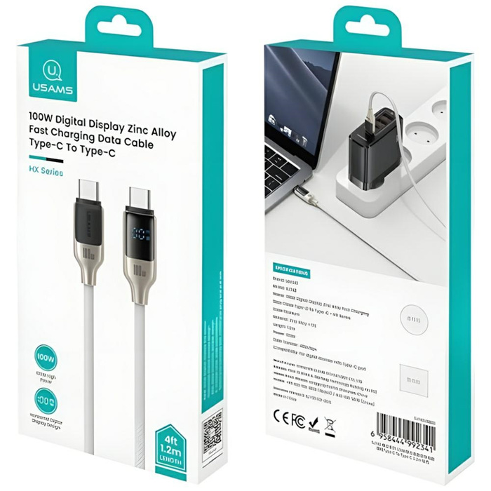 USAMS Kabel USB-C na USB-C 100W 1.2m      Digital Display Zinc Alloy Fast Charging Data Cable HX Series SJ742USB02 (US-SJ742)