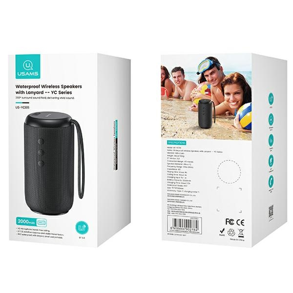 USAMS Reproduktor YC Series Bluetooth 5.0 10W vodotěsný bezdrátový reproduktor se šňůrkou na krk černý/černý YC011YX01(US-YC011)