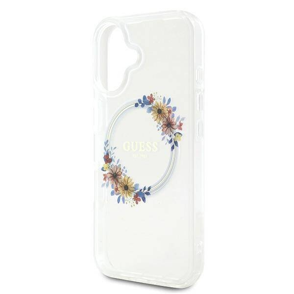 Etui Guess iPhone 16 6.1" przeźroczysty/transparent hardcase IML Flowers Wreath MagSafe