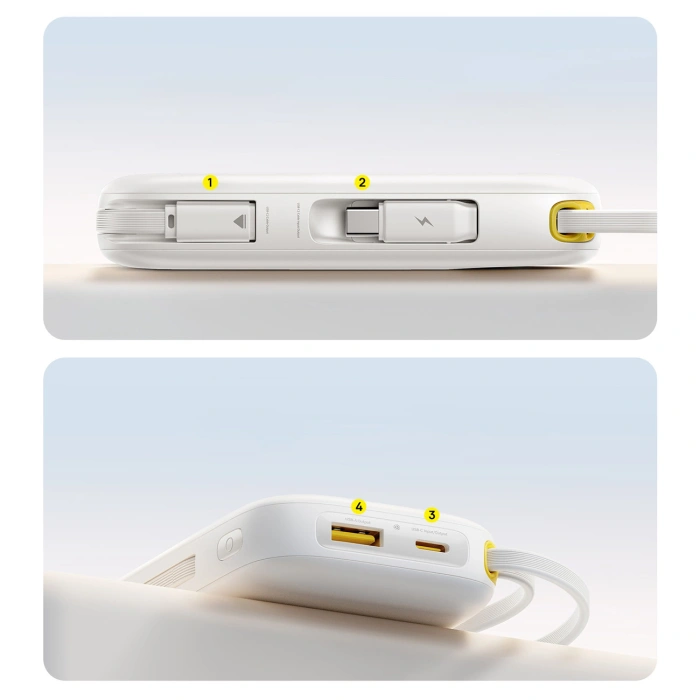 Powerbank Baseus EnerFill FC31 20000mAh 22.5W z wyświetlaczem cyfrowym i 2 wbudowanymi kablami (USB-C + Lightning) - biały