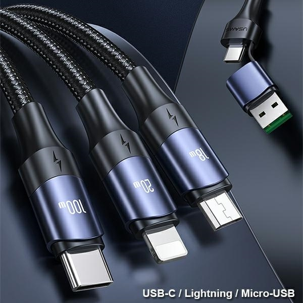 USAMS Cable U71 3in1 1.2m 6A Fast Charge black/black (USB/USB-C to lightning/microUSB/USB-C) SJ511USB01 (US-SJ511)