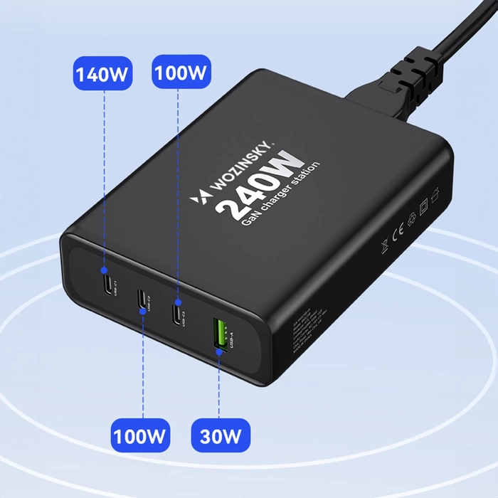 Wozinsky WGCSB 240W GaN-Wandladegerät USB-A / 3 x USB-C - Schwarz