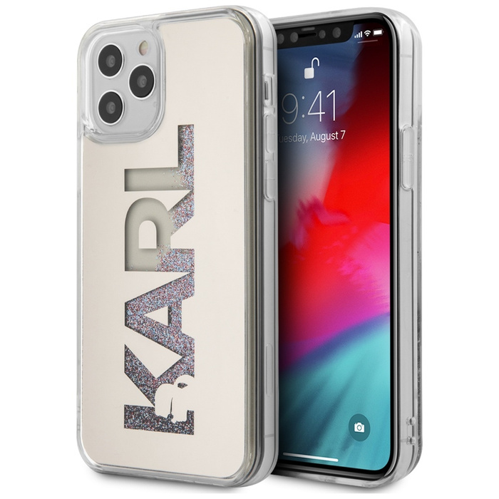 Puzdro KARL LAGERFELD Apple iPhone 12 Pro Max 6.7 Mirror Liquid Glitter Karl KLHCP12LKLMLGR Strieborný pevný obal