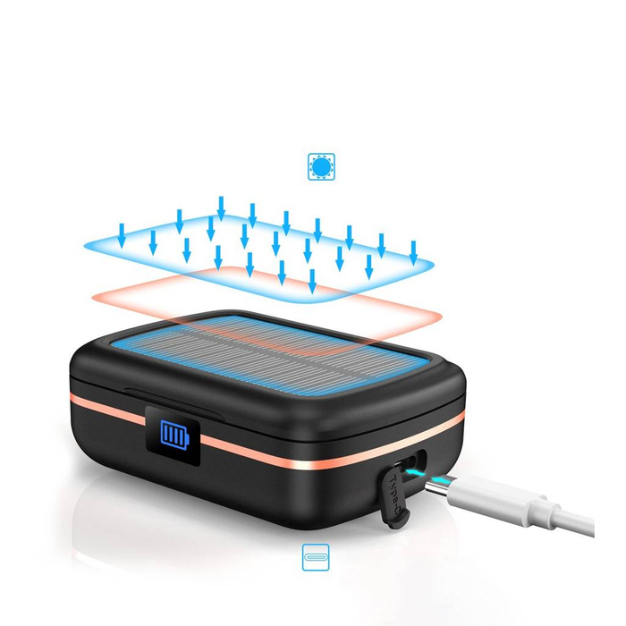 Choetech fejhallgató vezeték nélküli TWS vízálló napelemmel és beépített 2500mAh powerbankkal fekete (BH-T05)