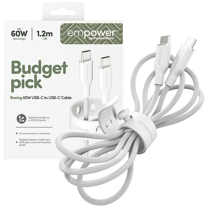 Kabel empower by PanzerGlass Racing 60W  USB-C do USB-C 1.2m srebrno-biały