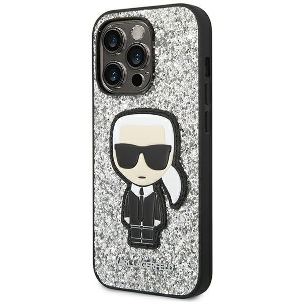 Hülle KARL LAGERFELD Apple iPhone 14 Pro Glitter Flocken Ikonik Silber Hartcase