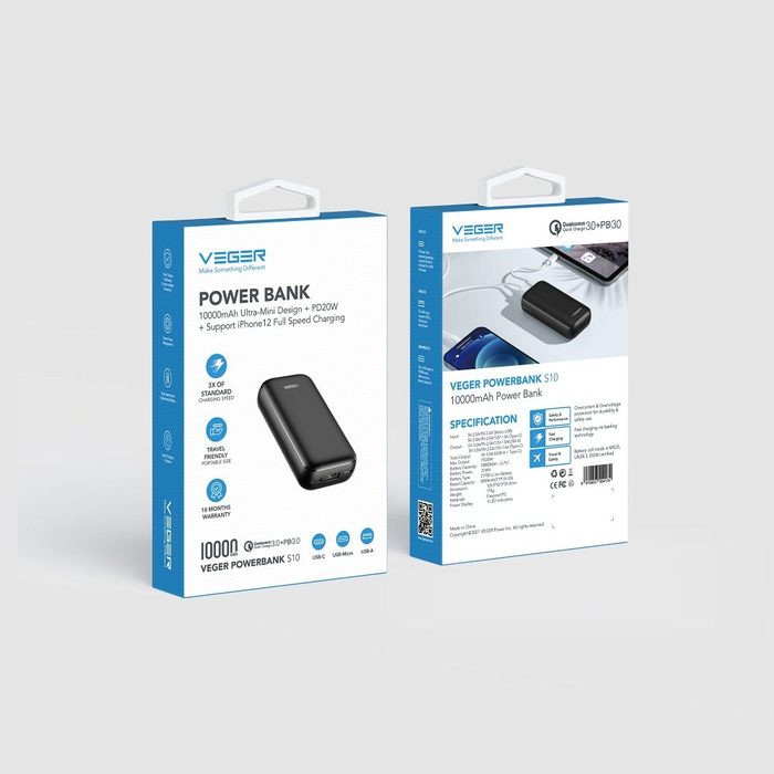 Powerbank Veger S10 (W1135) PD QC3.0 3A 20W 10000 mAh black