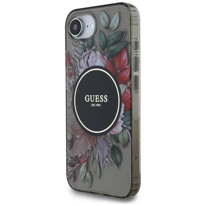 Etui Guess IML Flowers MagSafe do iPhone 16e czarny