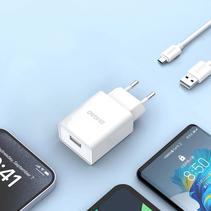 Dudao A4EU USB-A 2.1A nástěnná nabíječka - bílá + USB-A - micro USB kabel