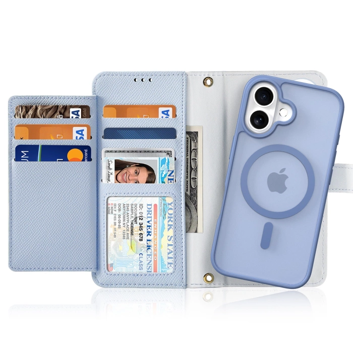 Dux Ducis Lawa iPhone 16 Leather Case with Detachable Magnetic Wallet - Blue