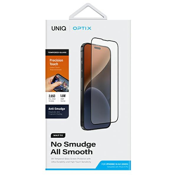Uniq Optix Mattes, mattiertes Hartglas für iPhone 15/14 Pro mit Applikator