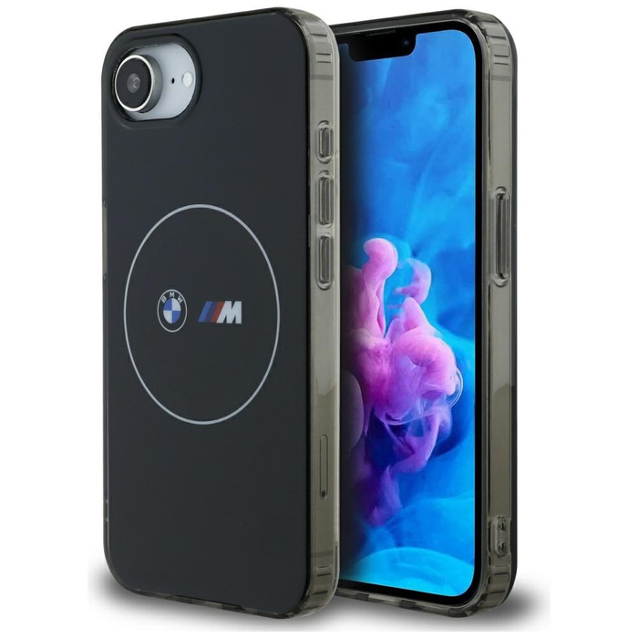 Funda BMW IML Círculo de metal blanco MagSafe para iPhone 16e negro