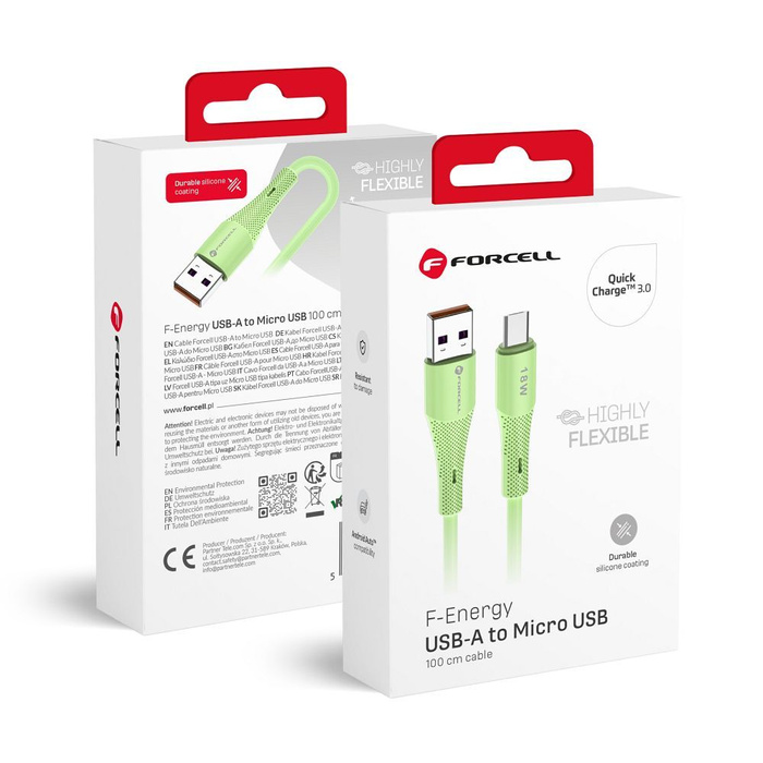 Kabel USB A do Micro USB Forcell F-Energy QC3.0 2,4A 18W Silicone 1 m C341 zielony