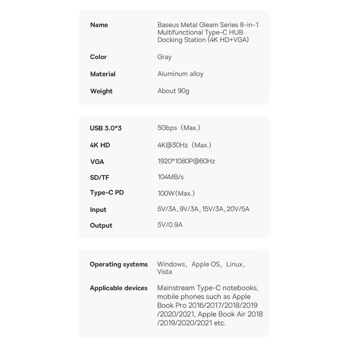 Baseus Metal Gleam Series 8 in 1 HUB Dockingstation USB Typ C - 1 x HDMI / 3 x USB 3.2 Gen.1 / 1 x Power Delivery / 1 x SD-Kartenleser / 1 x TF-Kartenleser / 1 x VGA grau (WKWG050013)