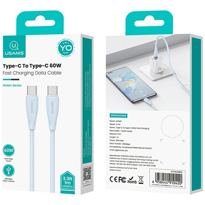 Kabel USAMS Green Series SJ716 60W USB-C do USB-C 1m biały
