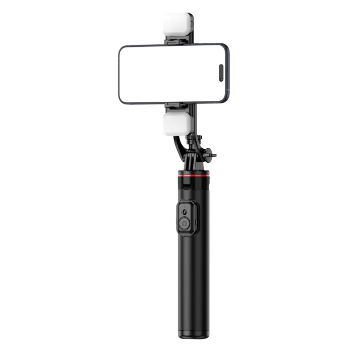 Selfie Stick WC12YDS Teleskopstativ 1,3 m aus Aluminiumlegierung mit Dual-Licht und Telefonhalter – Schwarz