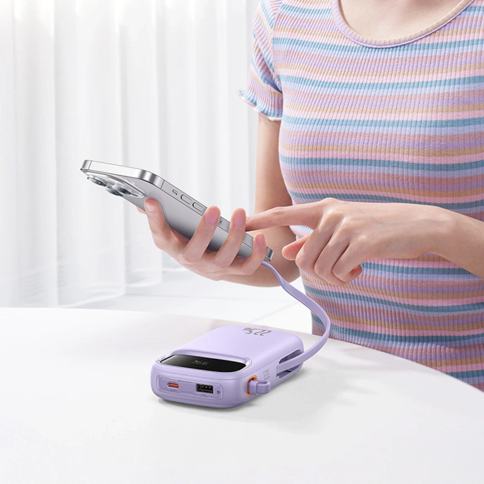 Powerbank Baseus Qpow2 20000mAh 22,5W z podwójnym kablem z wyświetlaczem cyfrowym + kabel Baseus Simple USB-C 3A 0,3m (biały) - fioletowy