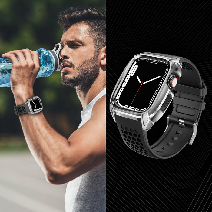 Kingxbar CYF148 Bracelet 2 en 1 pour Apple Watch Ultra, SE, 8, 7, 6, 5, 4, 3, 2, 1 (49, 45, 44, 42 mm) avec boîtier intégré en acier inoxydable Argent