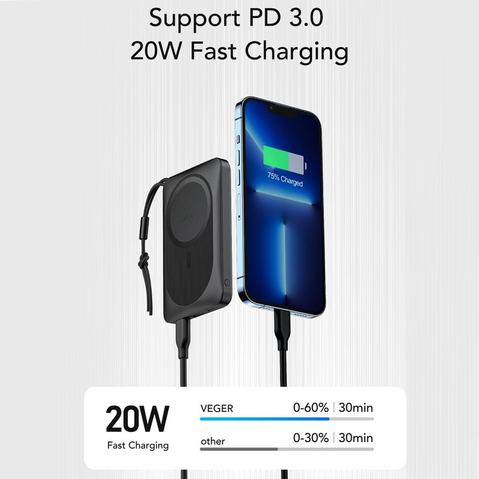 Powerbank zgodny z MagSafe Veger MagOn (VP1151 / W1151) PD QC3.0 2A 20W z ładowaniem indukcyjnym 10000 mAh biały