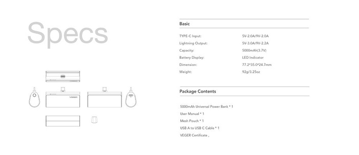 Powerbank Veger PlugOn (W0556P) PD QC3.0 3A 20W 5000 mAh z wbudowanym złączem Lightning czarny