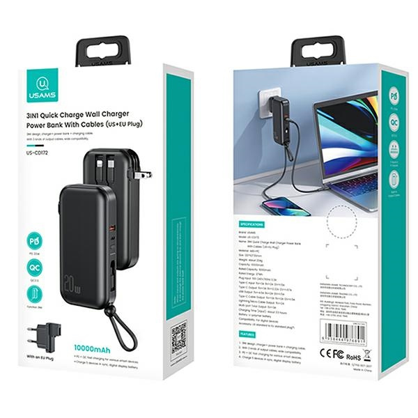 USAMS Powerbank PB63 3in1 10000mAh 20W Quick Charge US+EU Stecker + Kabel USB-C/Lightning/MicroUSB schwarz/schwarz 10KCD17201 (US-CD172)