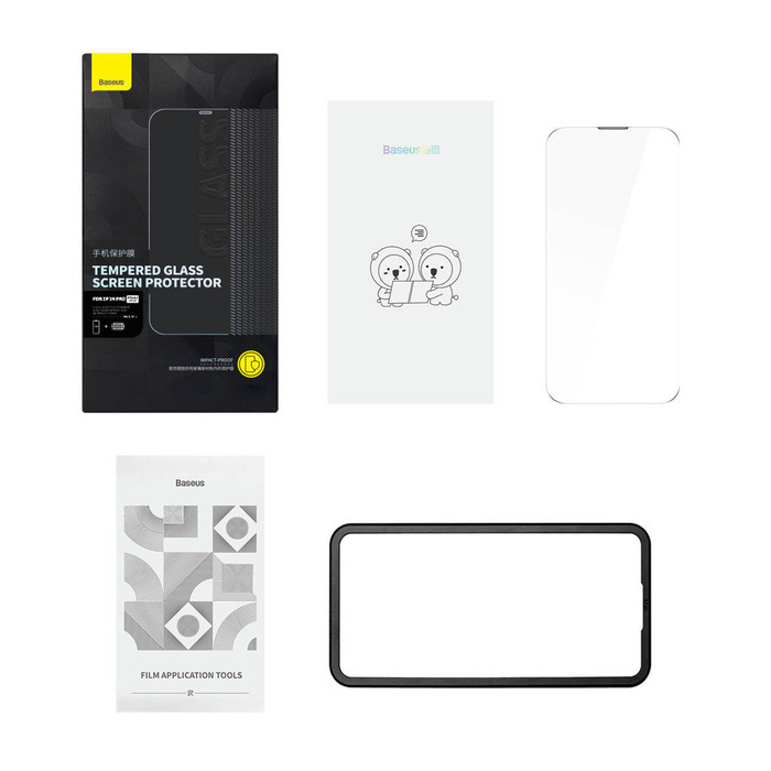 Cristal templado de pantalla completa Baseus para iPhone 14 Pro con cubierta de altavoz de 0,3 mm + marco de montaje