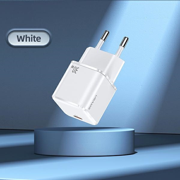 USAMS kormányzás. hálózat. 1xUSB-C T45 mini 30 W (csak fej) PD3.0 Gyorstöltés fehér / fehér CC148TC02 (US-CC148)