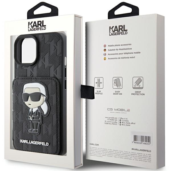 Karl Lagerfeld KLHCP15SSAKKNSCK iPhone 15 6,1" negro/negro durocase Saffiano Tarjetero y soporte Monograma Ikonik Patch