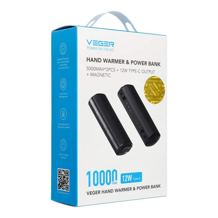 Powerbank Veger (W0587) 2,4A 2 szt 2 x 5000 mAh z podgrzewaczem do rąk czarno srebrny