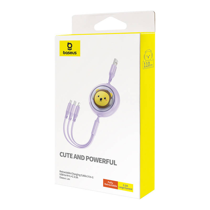 Kabel ładowania 3w1 Baseus USB do USB-C, USB-M, Lightning 3,5A, 1,1m (fioletowy)