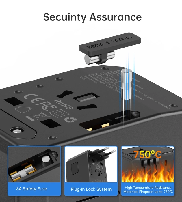 Choetech PD6041 USB-C USB-A PD 30W Chargeur de voyage avec 4 prises US EU UK AU - Noir