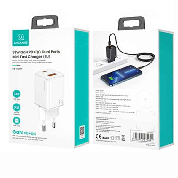 USAMS kormányzás. hálózat. 1xUSB-C + 1xUSB T43 33W (csak fej) PD3.0 + QC3.0 Gyorstöltés fehér / fehér CC144TC02 (US-CC144)