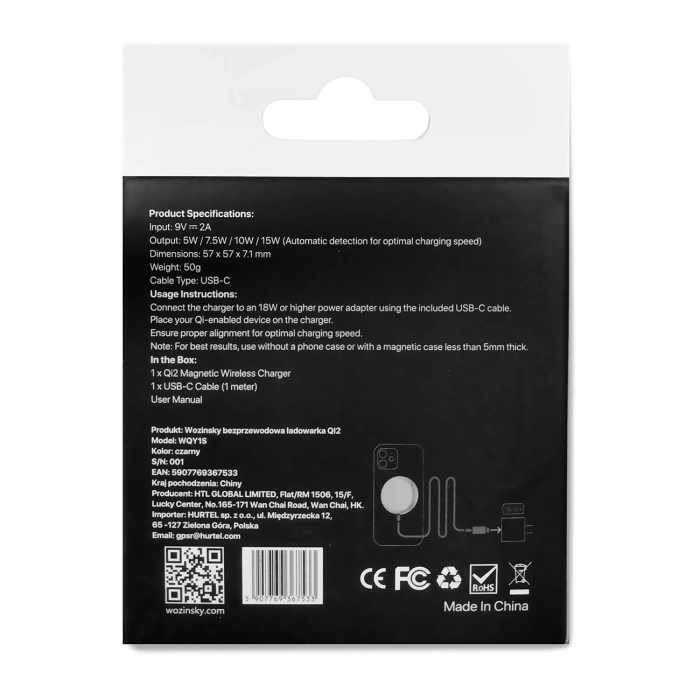 Wozinsky 15W Wireless Qi2 Inductive Charger - Black