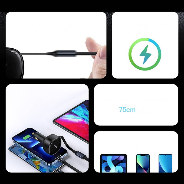 Baseus Enjoyment Retractable 2-in-1 Car Charger C+L 30W Black