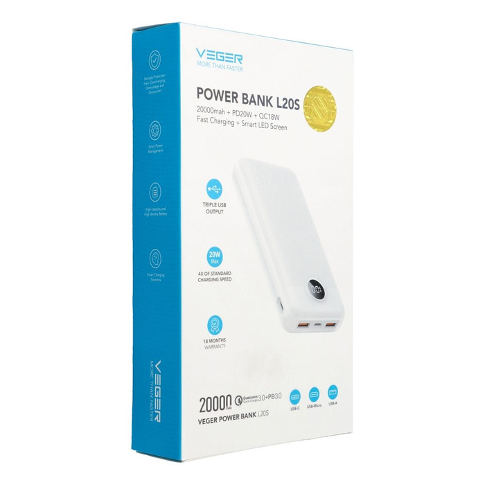 VEGER powerbank 20 000 mAh PD QC3.0 2A 20W L20S (VP2039PD / W2039PD) biały