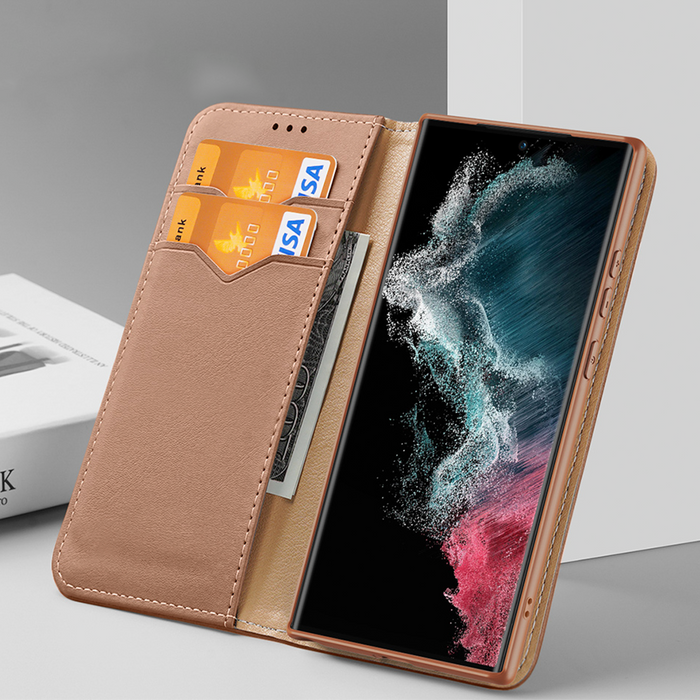 Custodia Dux Ducis Hivo per Samsung Galaxy S23 Ultra Flip Cover Wallet Stand Blocco RFID Marrone