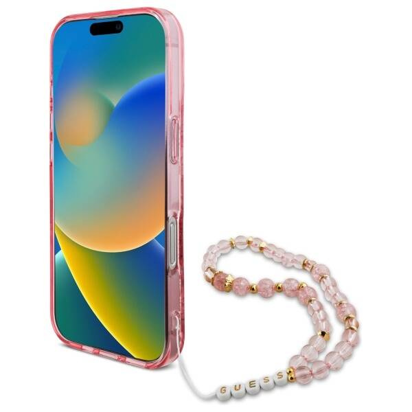 Etui Guess iPhone 16 Pro 6.3" różowy/pink hardcase IML Flowers With Pearl Strap MagSafe