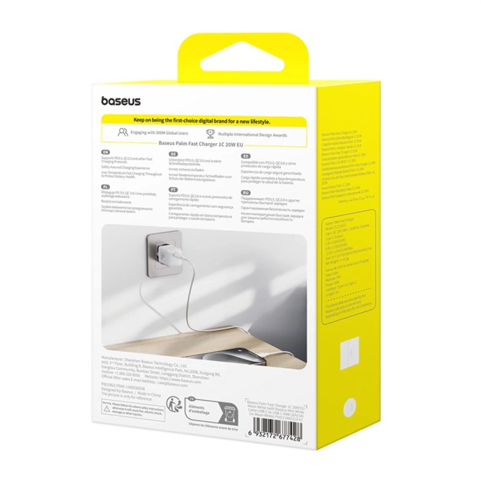 Baseus Palm 1C 20W Wandladegerät (mit Baseus Mini White USB-C 60W (20V/3A) 1m Kabel) - Weiß