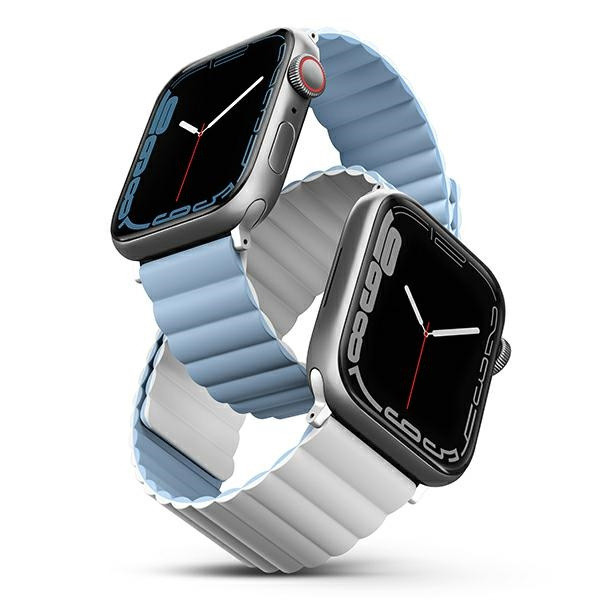 UNIQ armband Revix Apple Watch Serie 4/5/6/7/8/SE/SE2/Ultra 42/44/45mm. Reversible Magnetic weiß-blau/weiß-blau