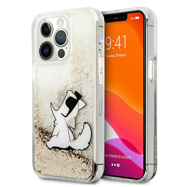 Pouzdro KARL LAGERFELD Apple iPhone 13 Pro Max Liquid Glitter Choupette Fun zlatý pevný obal
