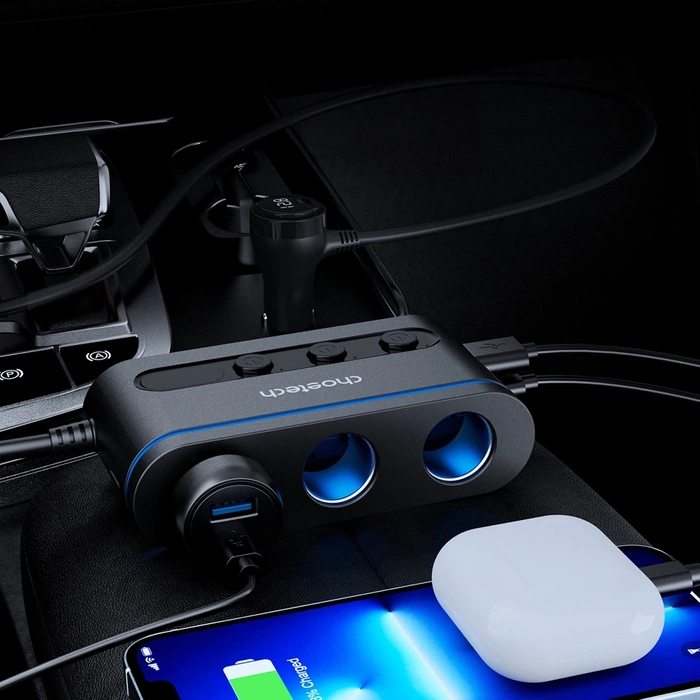 Choetech TC0021 car charger 2x USB-C PD 1x USB-A QC 3x cigarette lighter socket - black