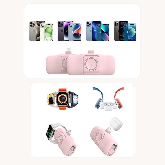 Mini powerbank Wozinsky WF16-YLS 5000mAh 15W Lightning z wbudowanym kablem USB-C i ładowarką do Apple Watch - różowy