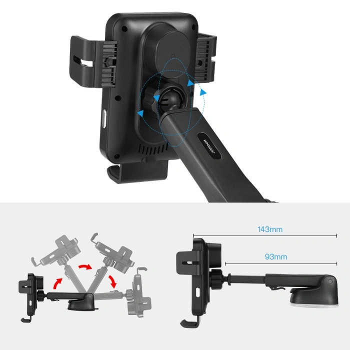 Joyroom bezprzewodowa ładowarka Qi 15W automatyczny elektryczny uchwyt samochodowy na kokpit deskę rozdzielczą / kratkę wentylacyjną czarny (JR-ZS219)