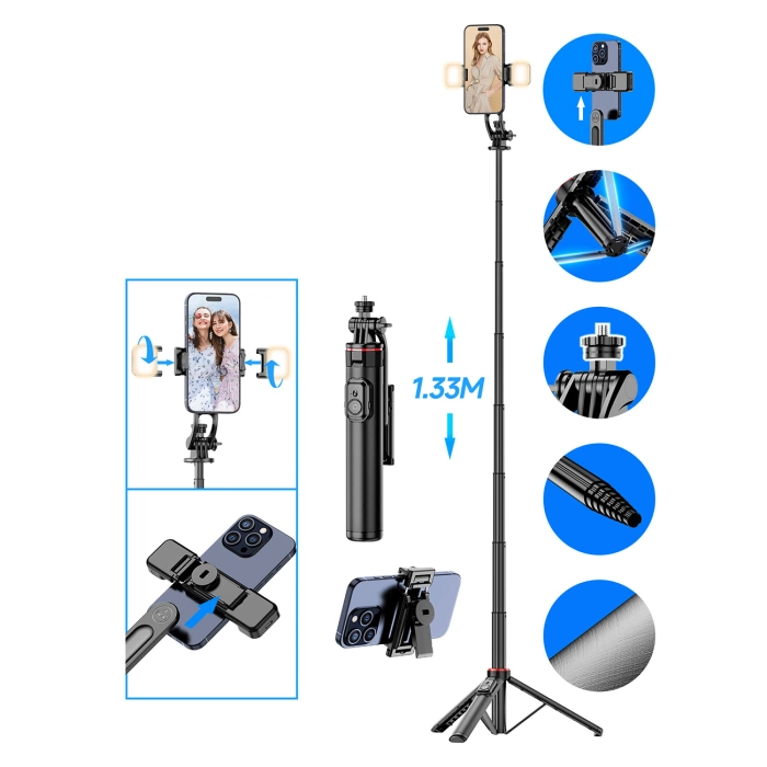 Selfie stick WC12YDS 1.3m aluminum alloy telescopic tripod with dual lamp and phone holder - black