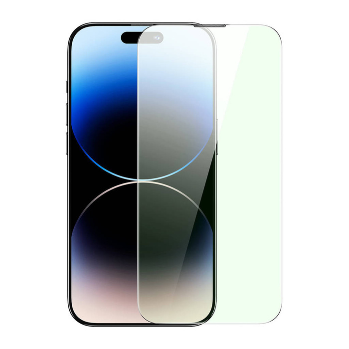 Cristal templado de pantalla completa Baseus para iPhone 14 Pro Max con filtro anti luz azul y cubierta de altavoz de 0,3 mm + marco de montaje